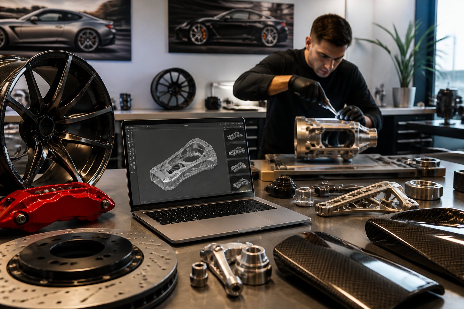 A workspace showing a laptop with a 3D car part model, surrounded by automotive components and a technician working on a car part.