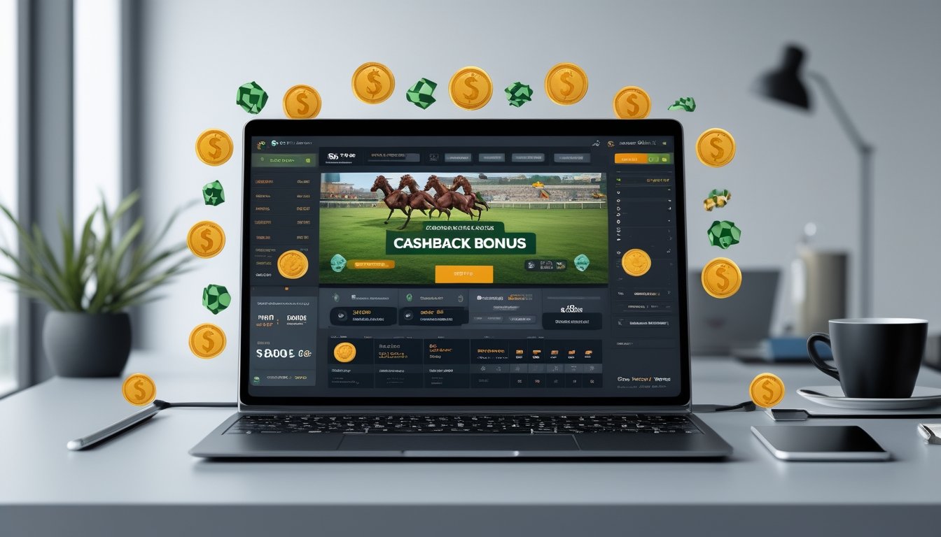 Seorang pengguna menggunakan laptop dengan tampilan taruhan balap kuda online dan simbol bonus cashback di meja kerja yang rapi.