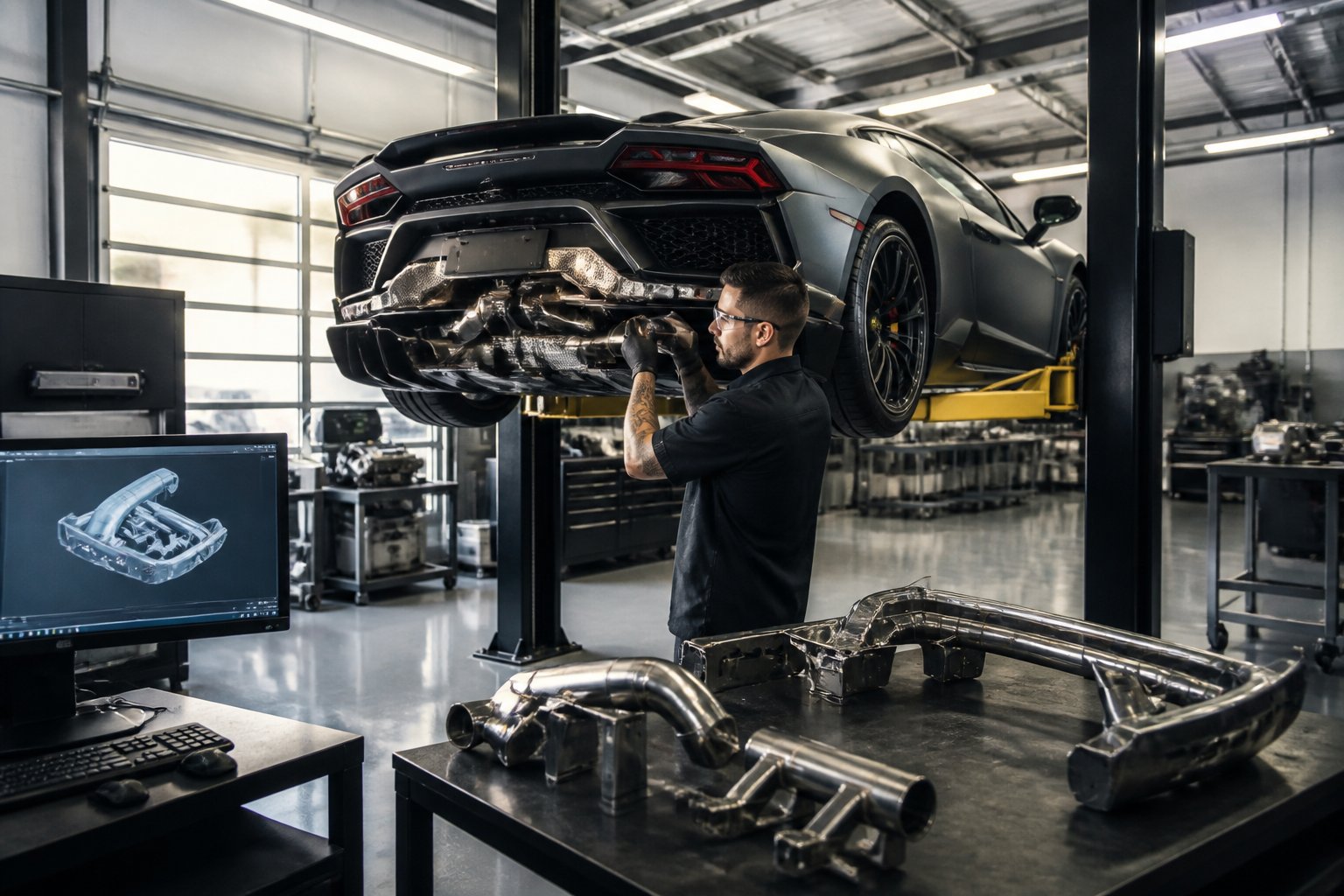 A technician working on a luxury sports car in a clean, well-equipped automotive workshop with tools and machinery around.