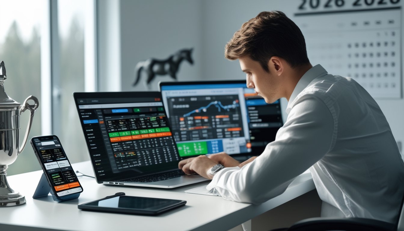 Seorang dewasa muda duduk di meja dengan beberapa perangkat digital, menganalisis data taruhan balap kuda secara online di ruang kerja yang terang dan rapi.