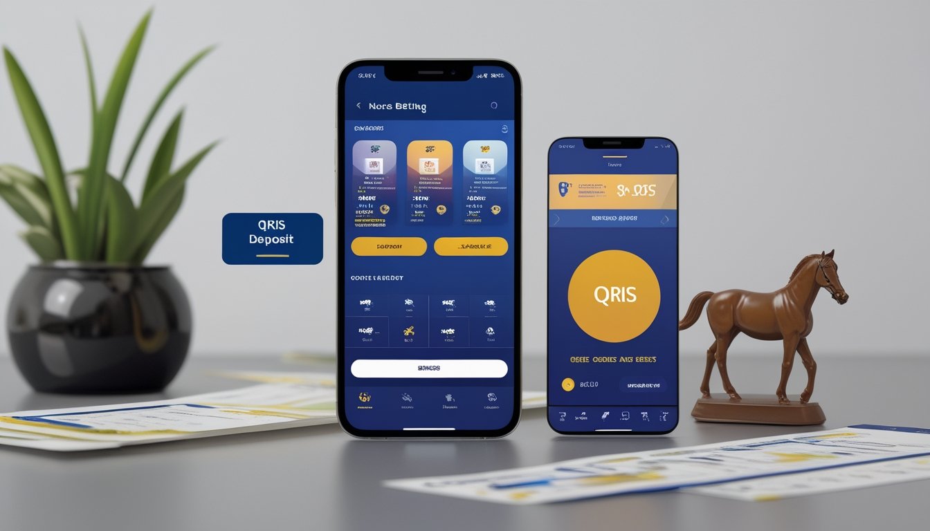 Sebuah ponsel pintar menampilkan aplikasi judi balap kuda online dengan fitur pemindaian kode QR untuk deposit, di atas meja kerja yang rapi dengan miniatur kuda pacu di sampingnya.