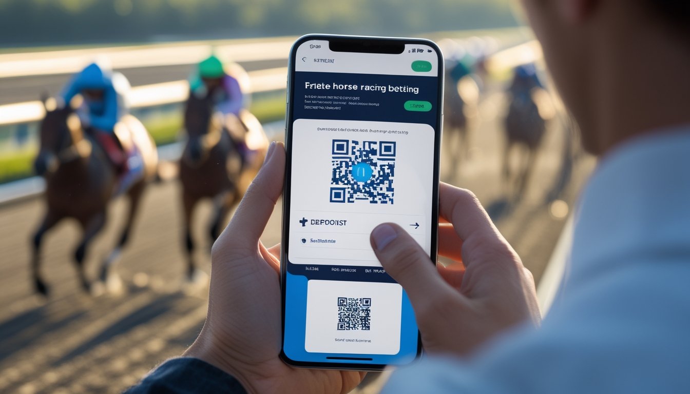 Seseorang memegang smartphone yang menampilkan aplikasi taruhan balap kuda dengan kode QR untuk deposit, latar belakang berupa lintasan balap kuda dan kuda yang sedang berlari.