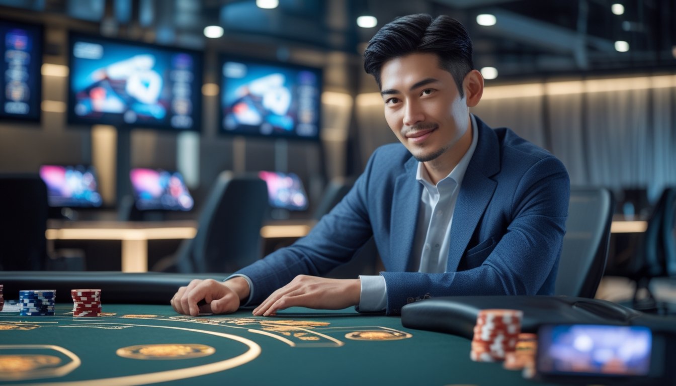 Seorang pria Asia duduk di meja permainan dengan kartu dan chip, terlihat fokus dan percaya diri dalam suasana ruangan modern dengan layar digital di latar belakang.