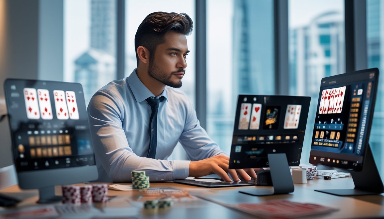 Seorang pria fokus duduk di meja dengan perangkat digital menampilkan permainan kartu online, di kantor modern dengan pemandangan kota di latar belakang.