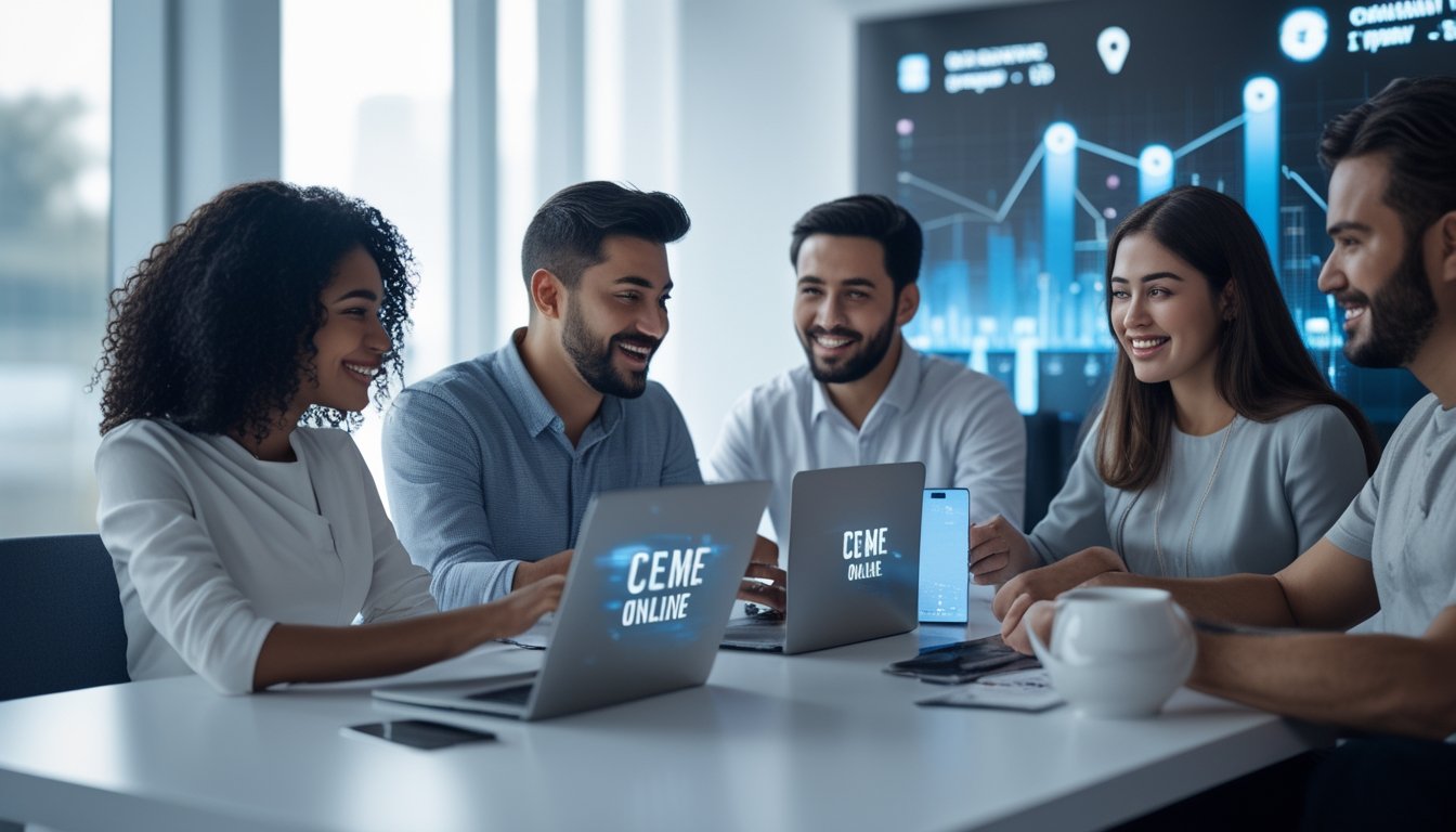 Beberapa orang sedang menggunakan laptop dan ponsel di meja digital dengan ekspresi fokus dan antusias dalam suasana modern dan cerah.