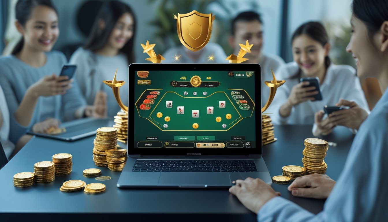 Seorang pria sedang bermain permainan kartu Ceme online di laptop di meja kerja dengan suasana yang profesional dan nyaman, dikelilingi oleh simbol keamanan dan hadiah.