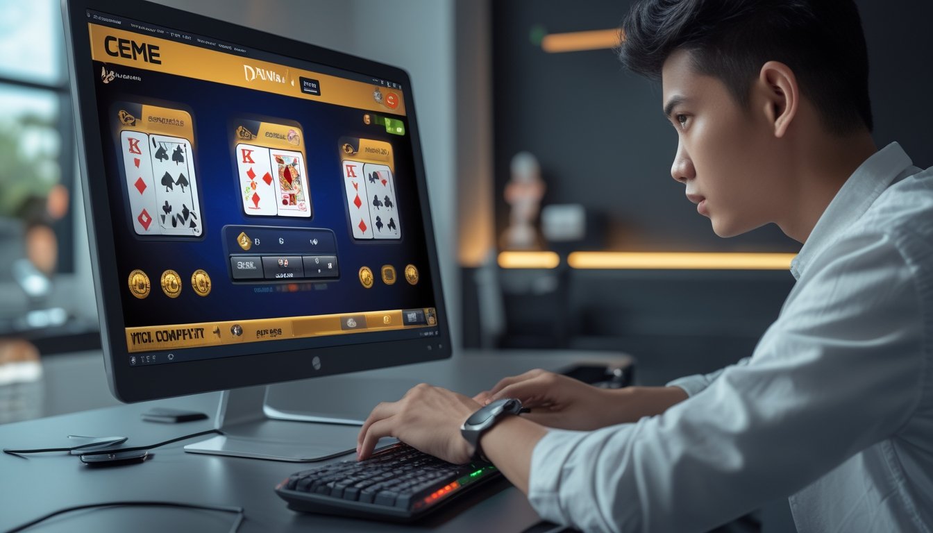 Seorang pemain muda yang fokus sedang bermain kartu Ceme online di depan komputer dengan tampilan kartu dan chip di layar.