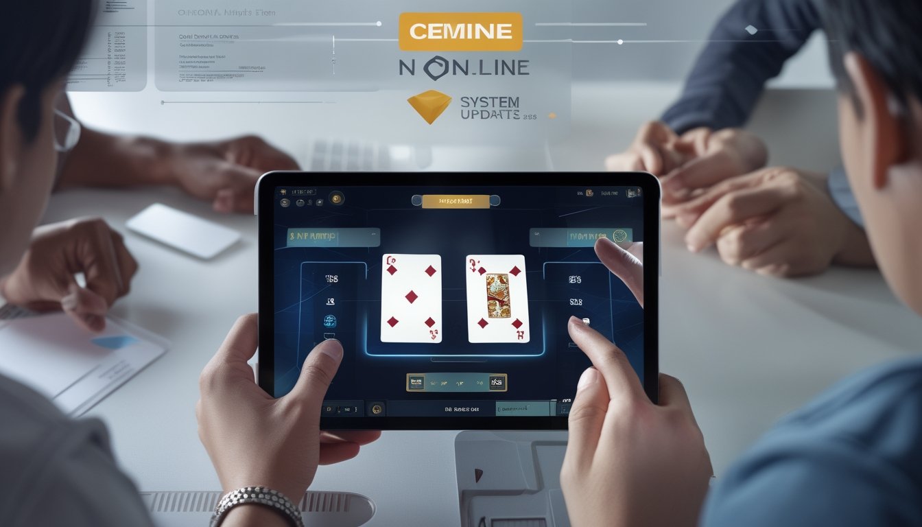 Orang-orang sedang bermain kartu Ceme Online di perangkat digital dengan tampilan kartu virtual dan suasana fokus serta teknologi modern.