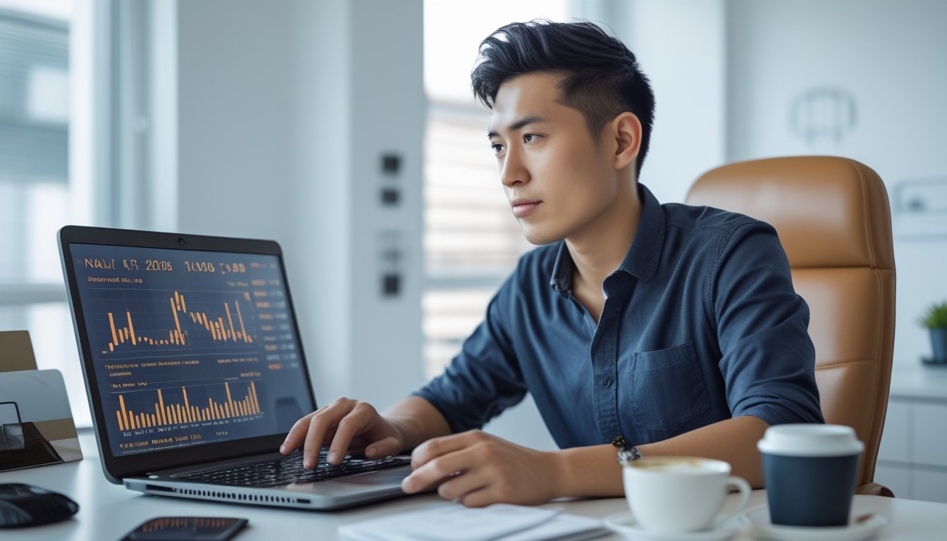 Seorang pria muda sedang duduk di meja dengan laptop dan ponsel, fokus menganalisis data keuangan dan strategi bermain ceme online dengan modal kecil.