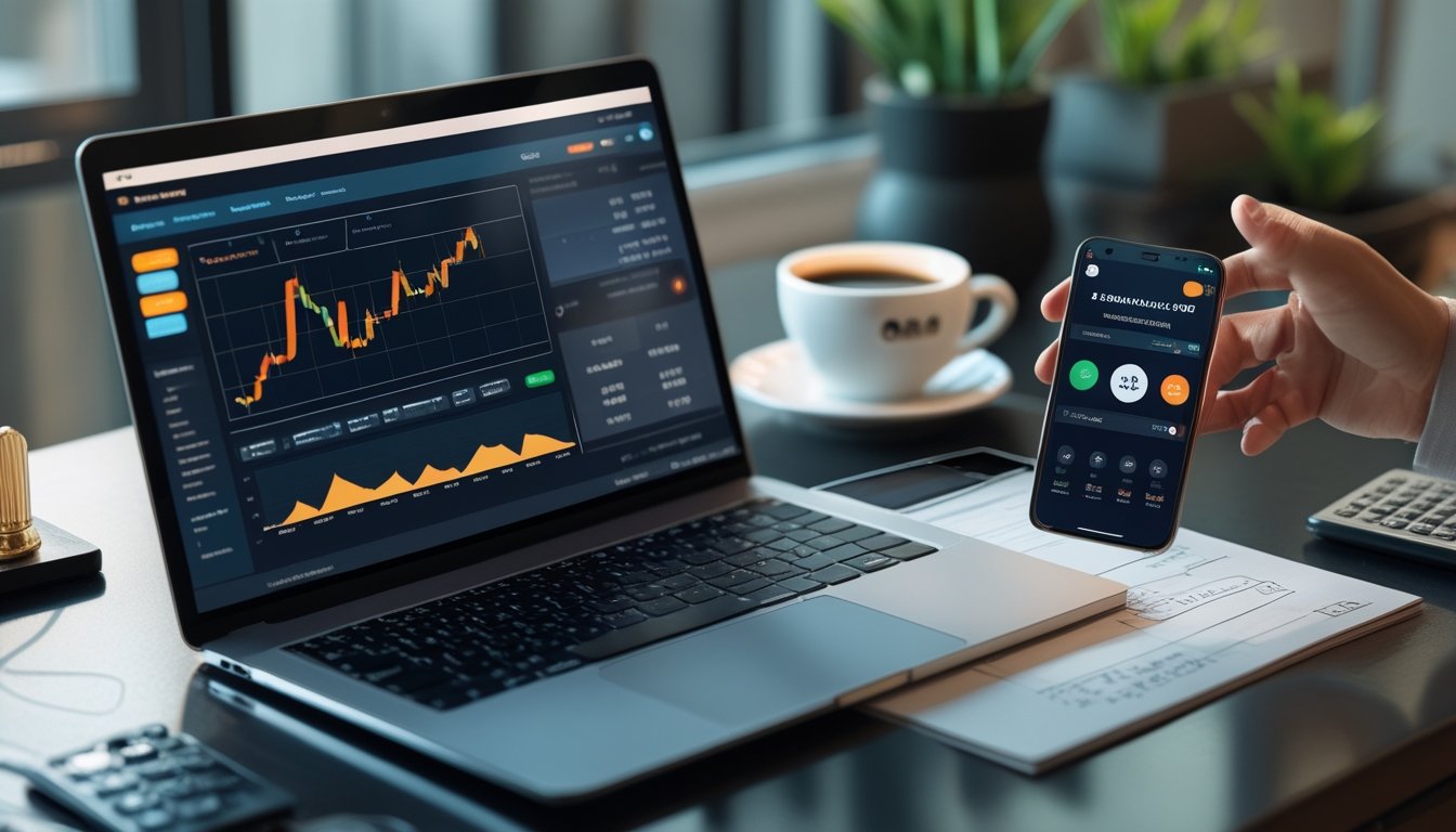 Seorang profesional bekerja di meja dengan laptop dan ponsel yang menampilkan data dan konfirmasi penarikan uang dari permainan Ceme online.