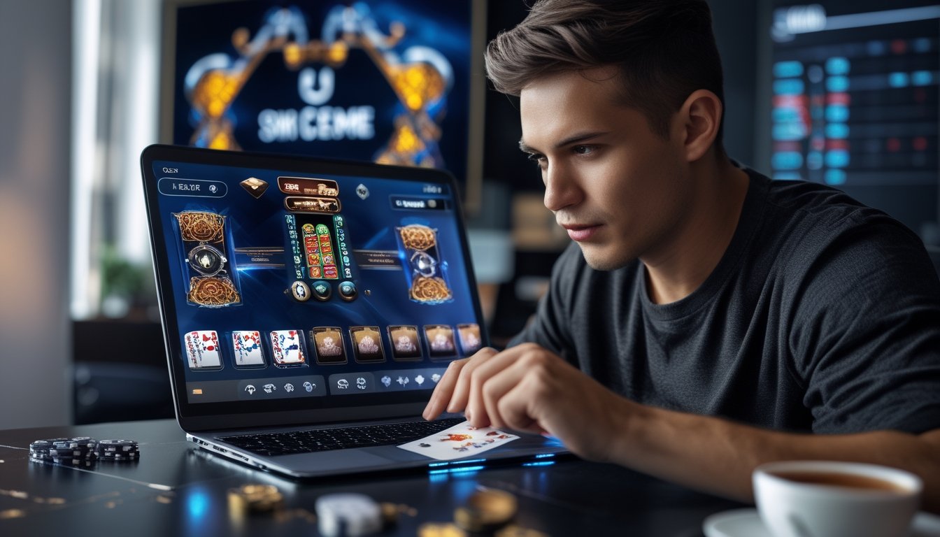 Seorang pria muda fokus bermain permainan kartu Qiu Qiu di laptop di ruang kerja yang terang dengan kartu dan chip poker terlihat di layar.