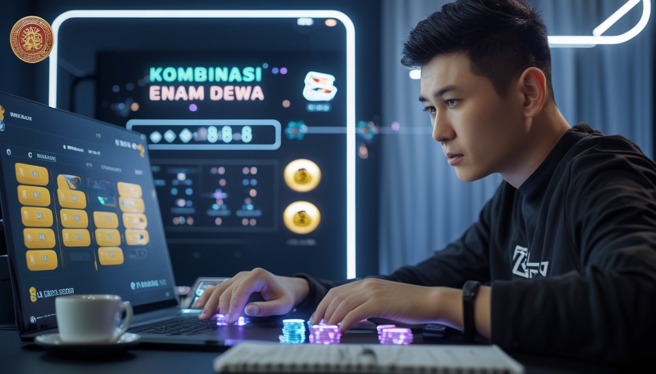 Seorang pemain fokus di depan laptop dengan permainan kartu Qiu Qiu di layar, suasana serius dan penuh strategi dalam permainan online.