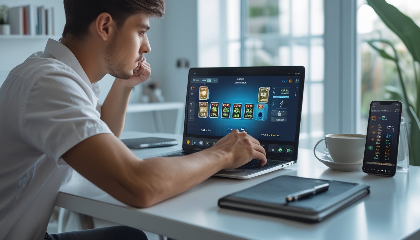 Seorang pria muda duduk di meja kerja dengan laptop, fokus bermain dan menghitung kartu dalam permainan kartu online.
