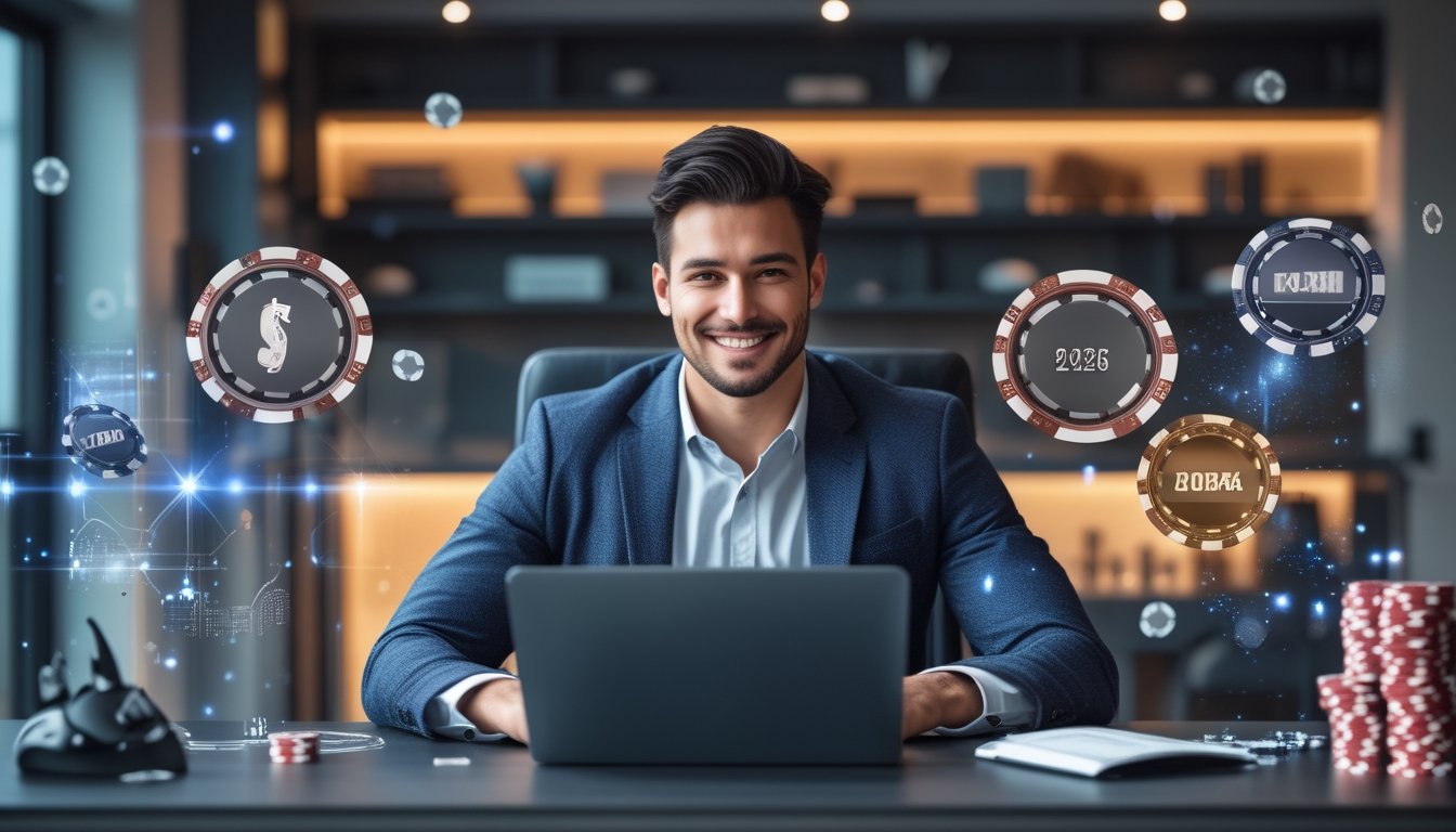 Seorang pria percaya diri duduk di meja modern dengan laptop dan ponsel, dikelilingi elemen permainan digital dan chip poker, menunjukkan kesuksesan dalam bisnis game online.
