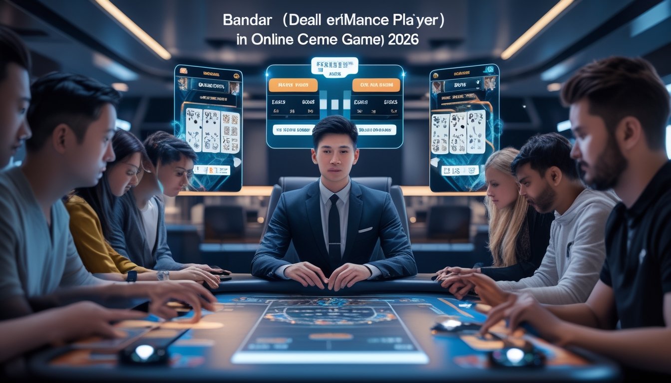 Seorang pria profesional duduk di meja permainan digital dengan beberapa pemain lain bermain menggunakan perangkat mereka di sebuah ruang permainan modern.