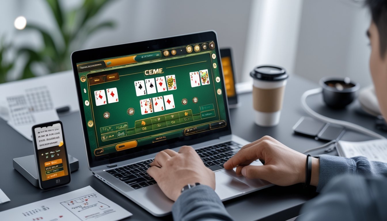 Seorang pria sedang menggunakan laptop untuk bermain permainan kartu Ceme online dengan tampilan kartu dan grafik strategi di sekitarnya.