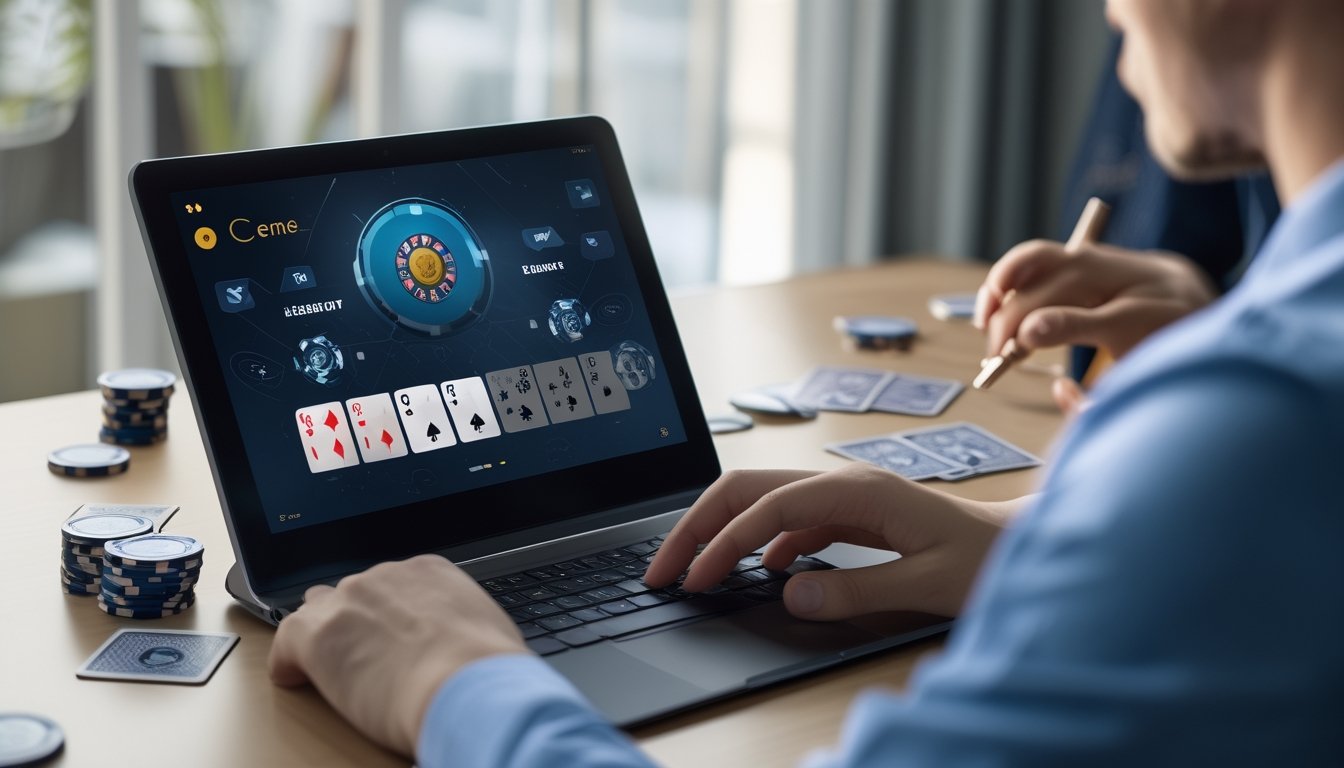 Seorang pemain sedang fokus menggunakan laptop untuk bermain permainan kartu Ceme online dengan kartu dan chip di sekitarnya.