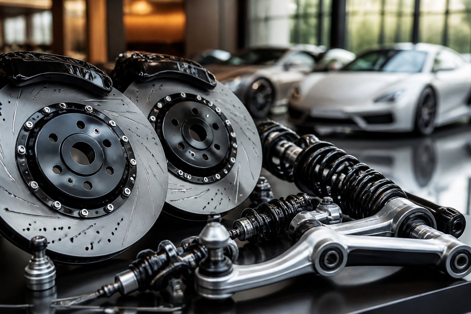 Close-up of brake discs and suspension parts displayed on a black surface with luxury cars blurred in the background.