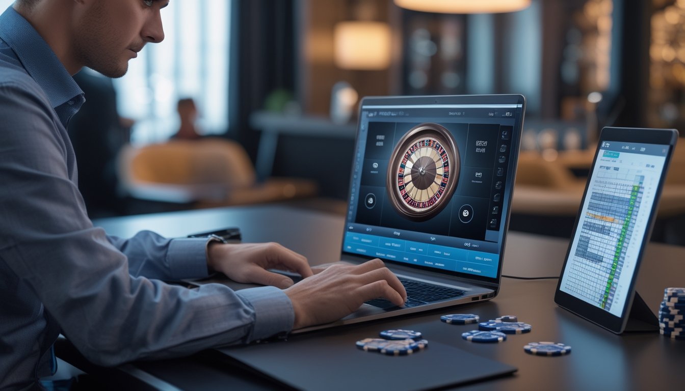 Seseorang duduk di meja dengan laptop yang menampilkan permainan roulette online, dikelilingi chip poker dan catatan strategi.