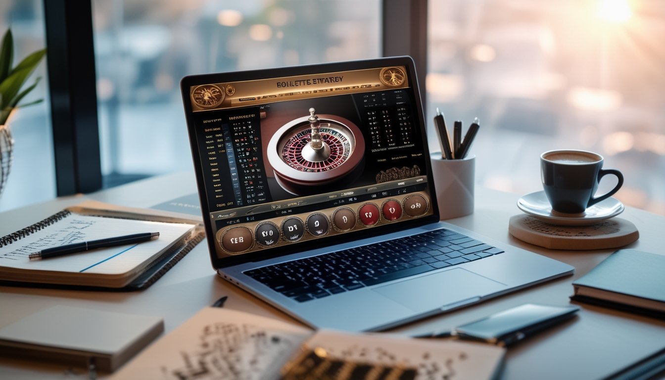 Seorang pengguna komputer dengan layar menampilkan permainan roulette online dan catatan strategi di meja kerja.