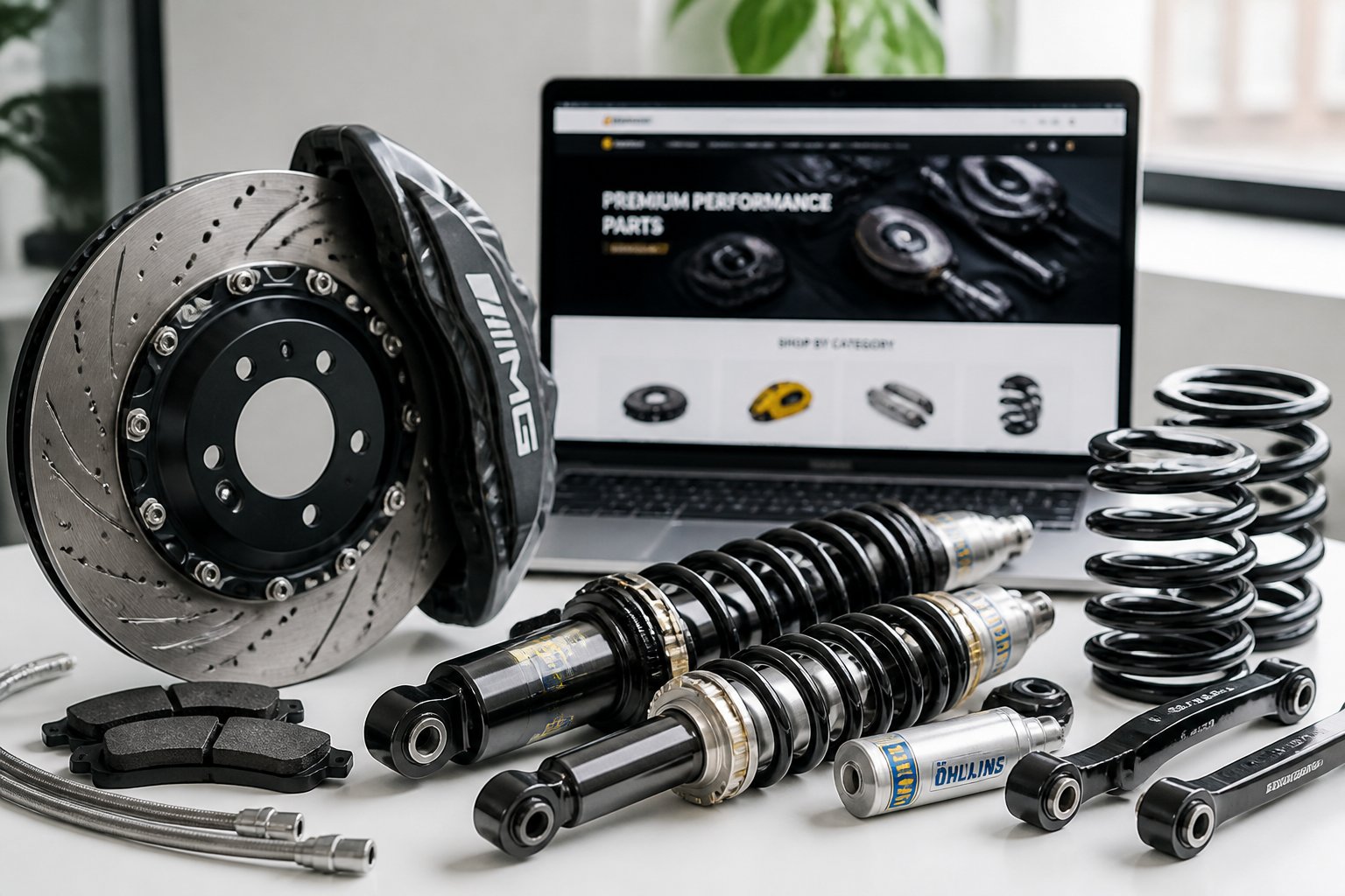 A clean workspace with luxury car brake discs, calipers, shock absorbers, and coil springs arranged on a white surface, with a blurred laptop showing an online shopping website in the background.