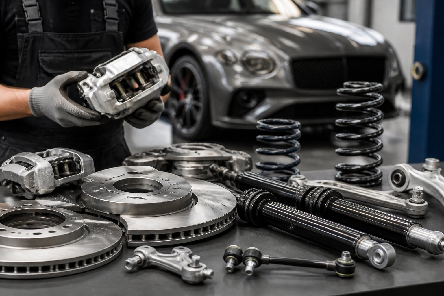 Close-up of new brake and suspension parts on a workbench with a luxury car and a technician in the background.