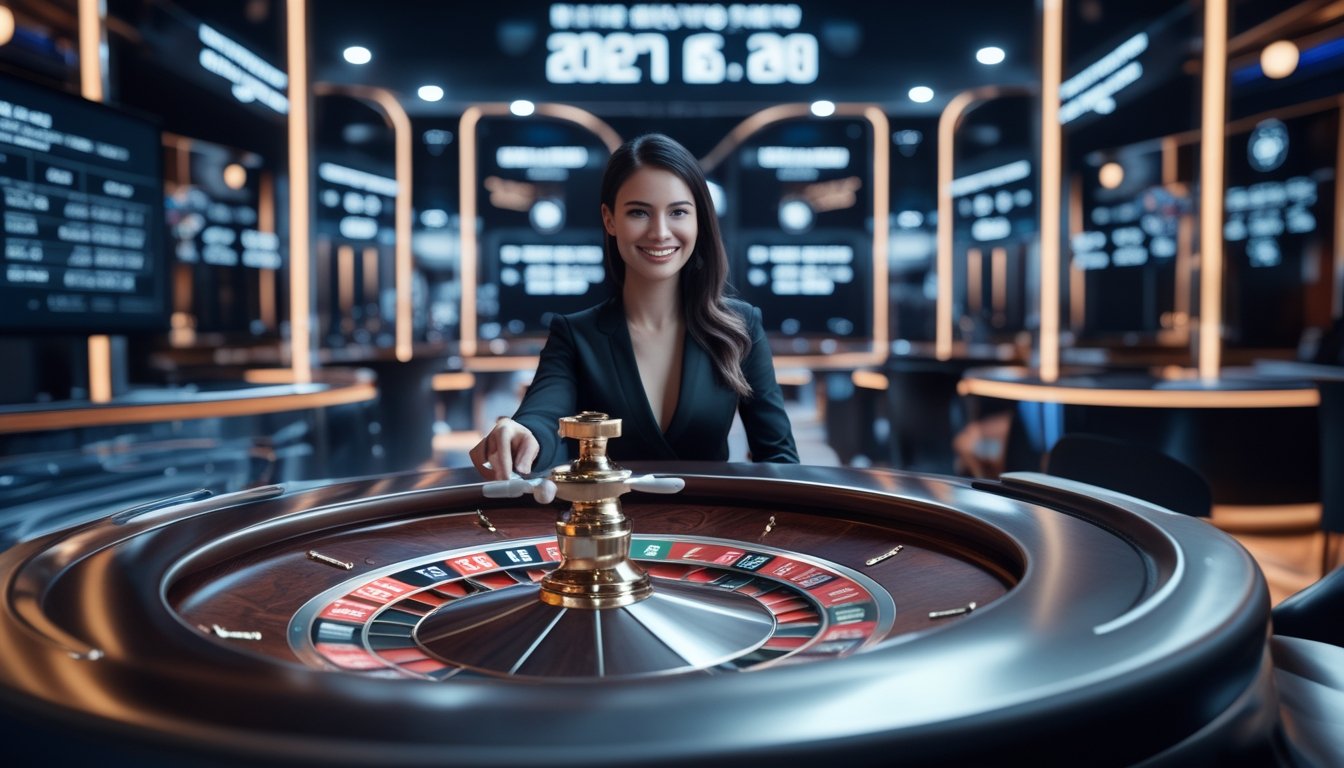 Seorang dealer kasino nyata sedang memutar roda roulette di lingkungan kasino modern dengan layar digital di latar belakang.