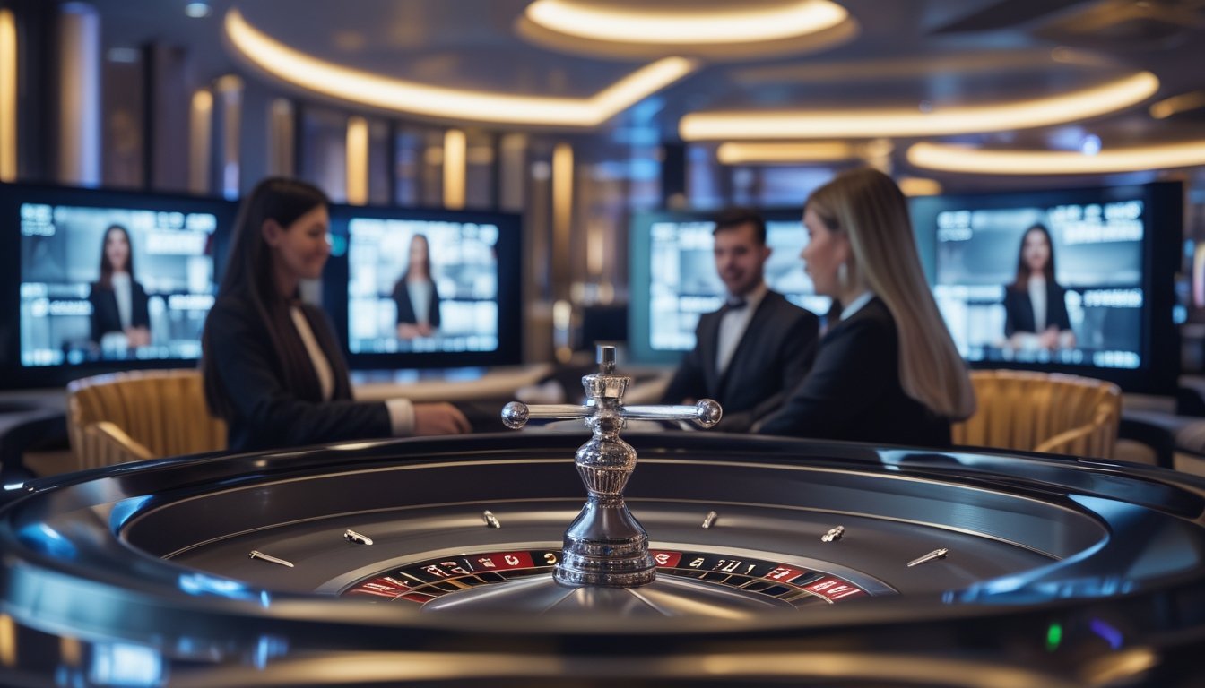 Meja roulette dengan roda berputar dan dealer langsung yang sedang berinteraksi di layar digital dalam suasana kasino modern.
