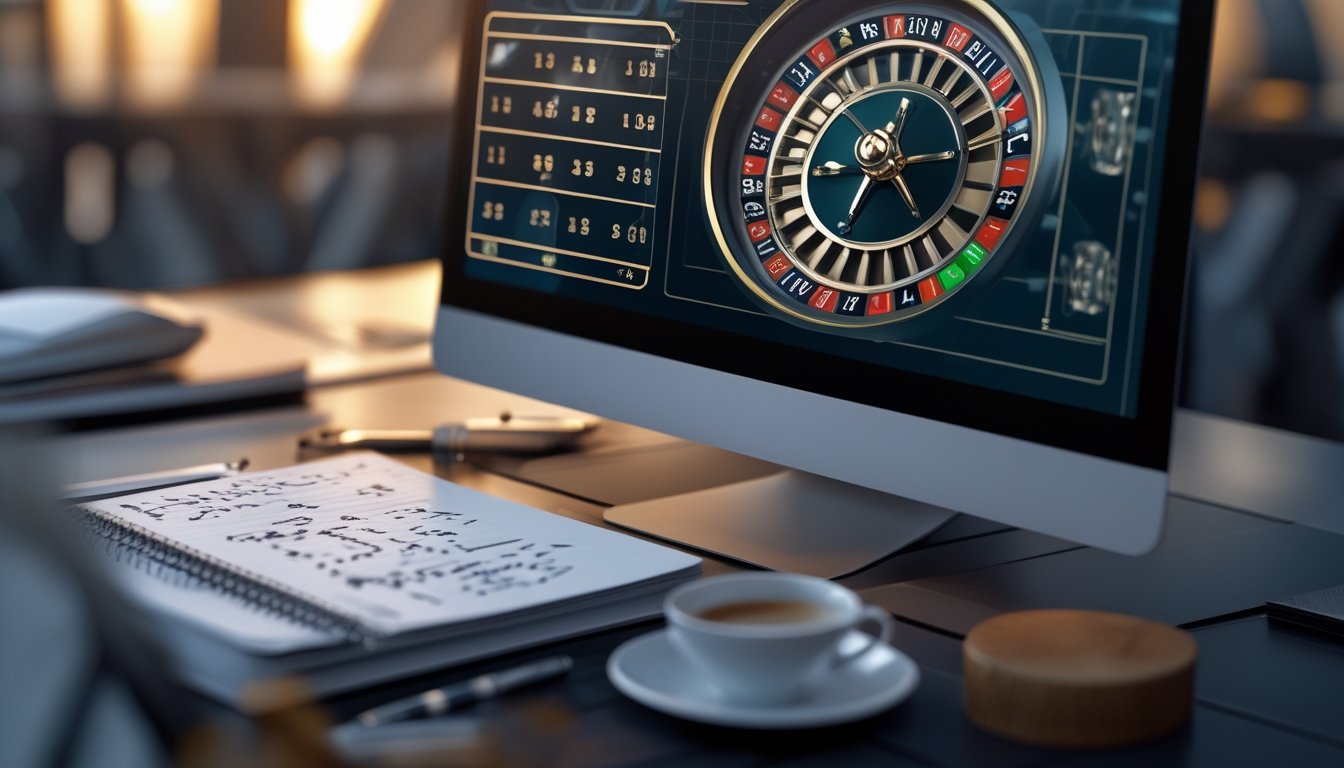 Seorang pemain sedang melihat layar komputer yang menampilkan roda roulette digital dengan pola angka kembar, di meja terdapat buku catatan dan pena.