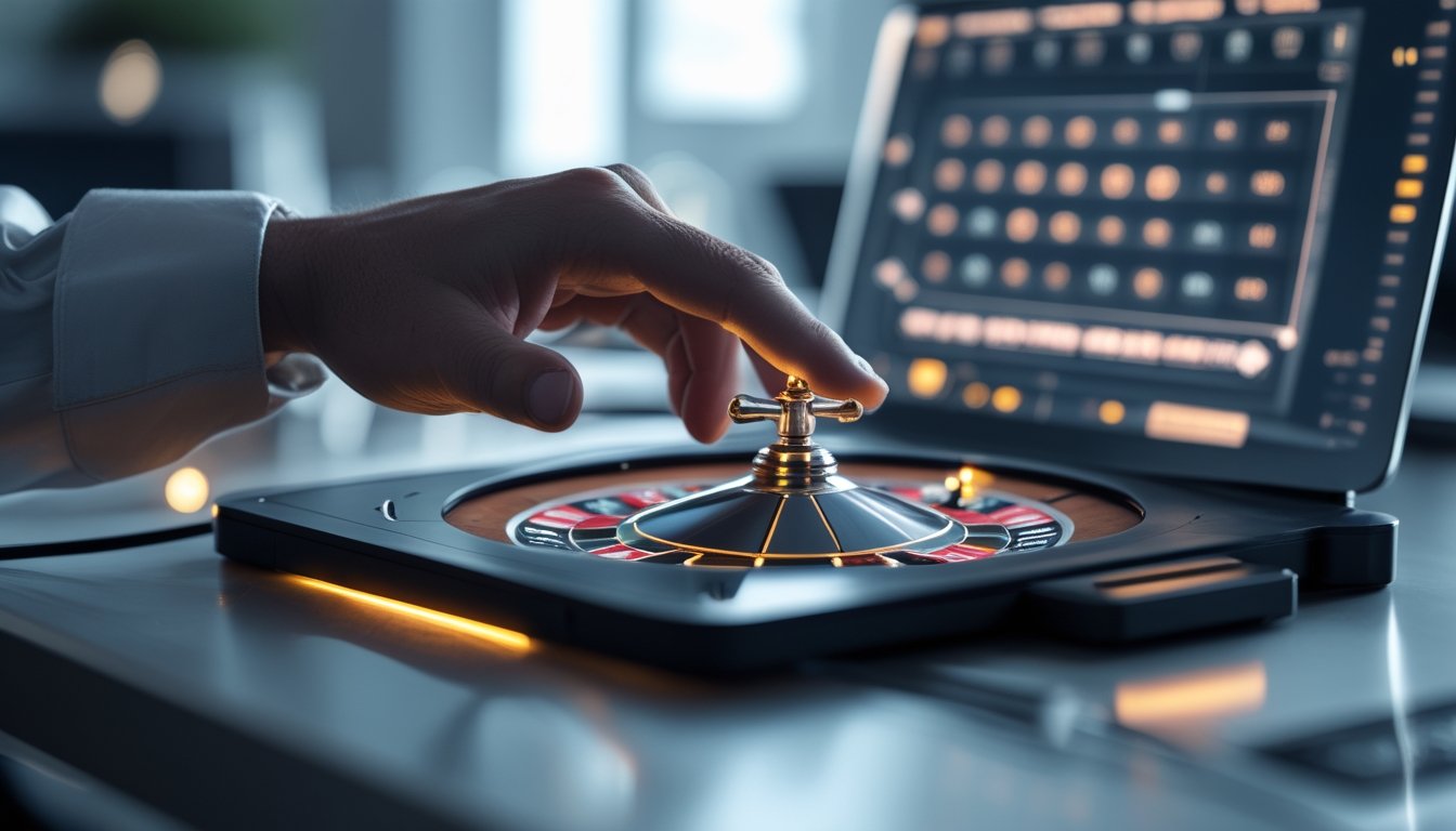 Seseorang menggunakan perangkat digital dengan tampilan roda roulette online yang menyoroti pola angka kembar.
