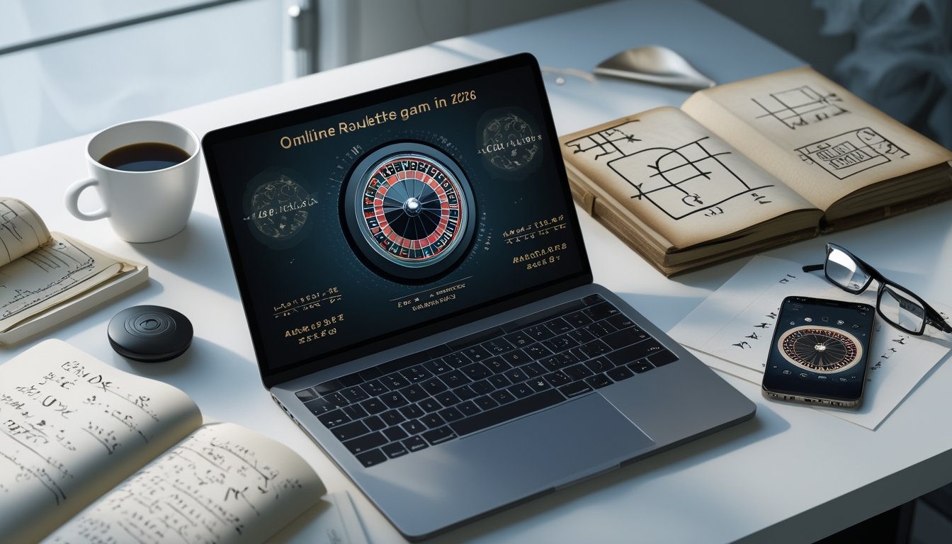 Meja kerja modern dengan laptop yang menampilkan roda roulette digital dan catatan rumus matematika kuno, serta smartphone dengan aplikasi roulette online.