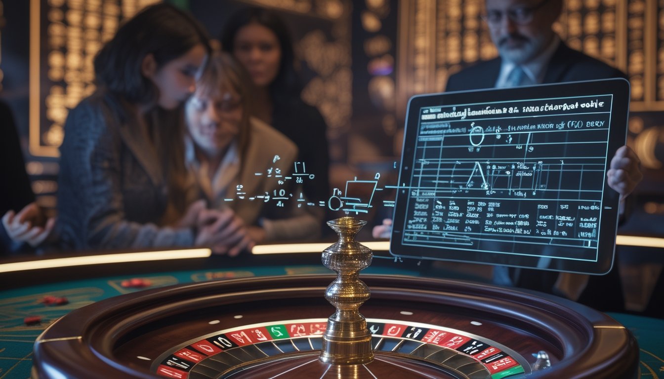 Meja roulette dengan roda berputar dan pemain yang fokus menggunakan perangkat digital sambil memperhatikan simbol matematika kuno di latar belakang.