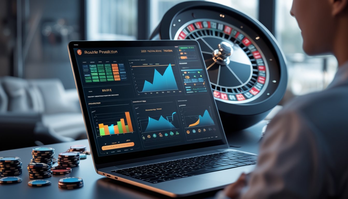 Seseorang menggunakan laptop dengan tampilan aplikasi prediksi roulette online, di latar belakang terdapat roda roulette dan chip kasino.