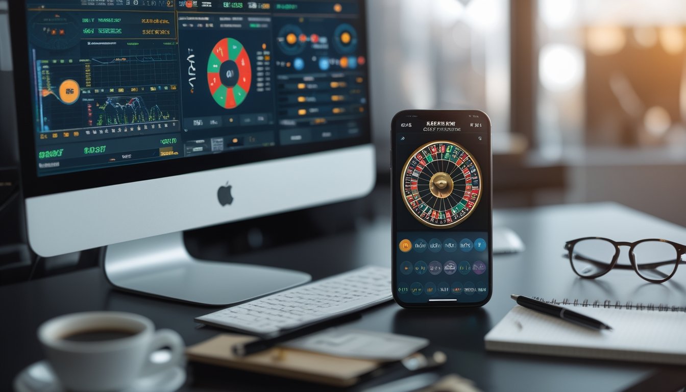 Meja kerja dengan komputer dan ponsel yang menampilkan data prediksi roulette online, dilengkapi dengan kopi dan alat tulis.
