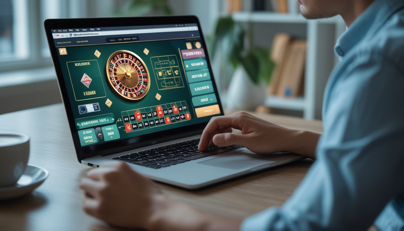 Seorang dewasa muda fokus bermain roulette online di laptop di ruangan yang terang dengan suasana santai.
