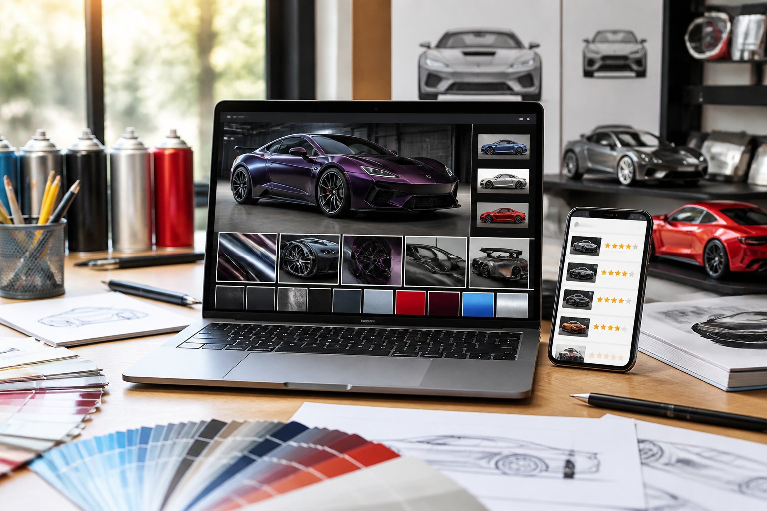 A laptop on a desk showing images of luxury car custom paint and body kits, surrounded by design sketches, color swatches, and a smartphone with vendor reviews.