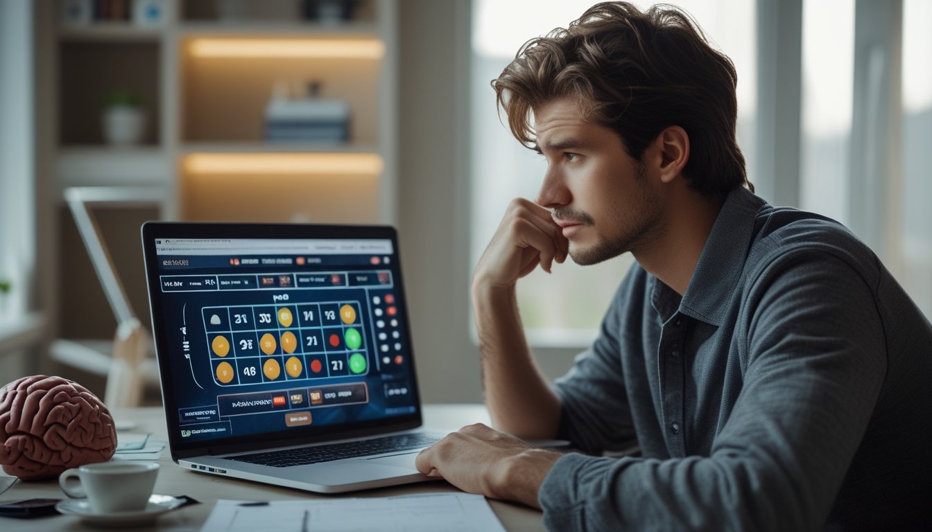 Seorang pria muda duduk di depan laptop sambil memikirkan permainan roulette online dengan ekspresi serius di ruang kerja yang nyaman.