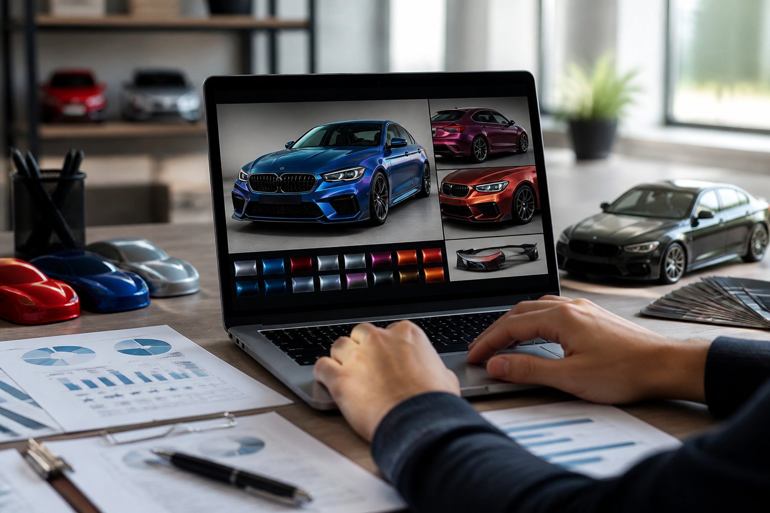 A person working at a desk with a laptop showing images of luxury cars and documents related to vendor evaluation, in a clean office setting.