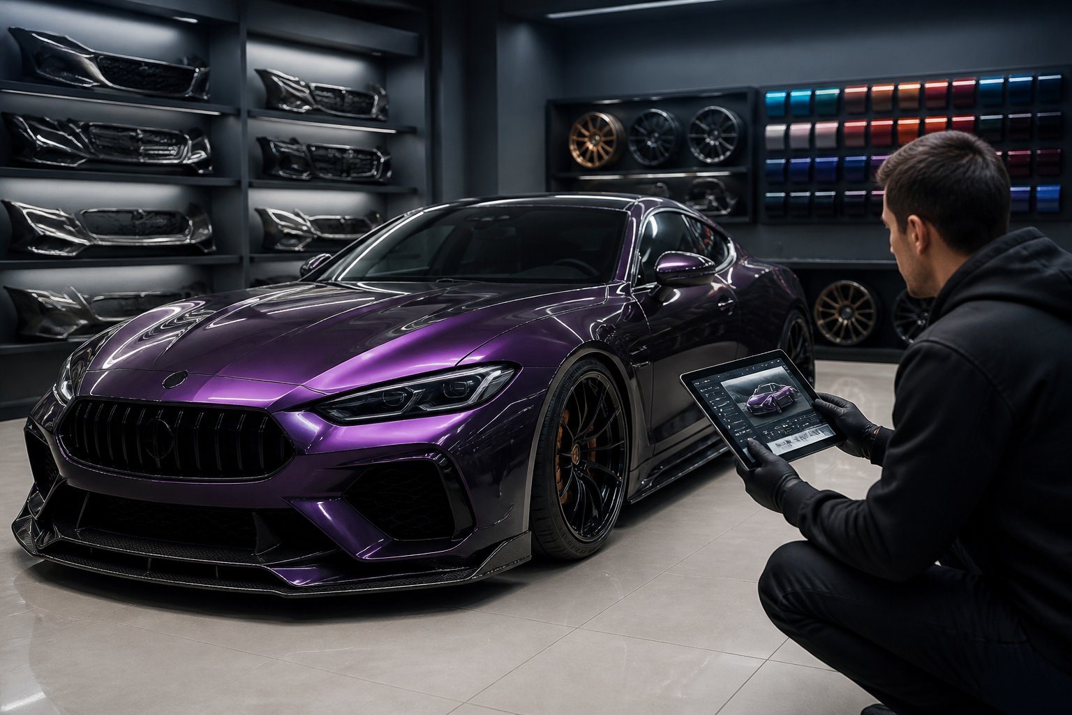 A luxury car in a modern garage with custom body kit and paint, a specialist inspecting it with a tablet nearby.
