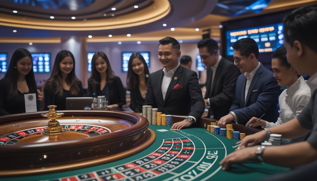 Suasana meja roulette di kasino dengan pemain dan dealer yang sedang bermain taruhan.