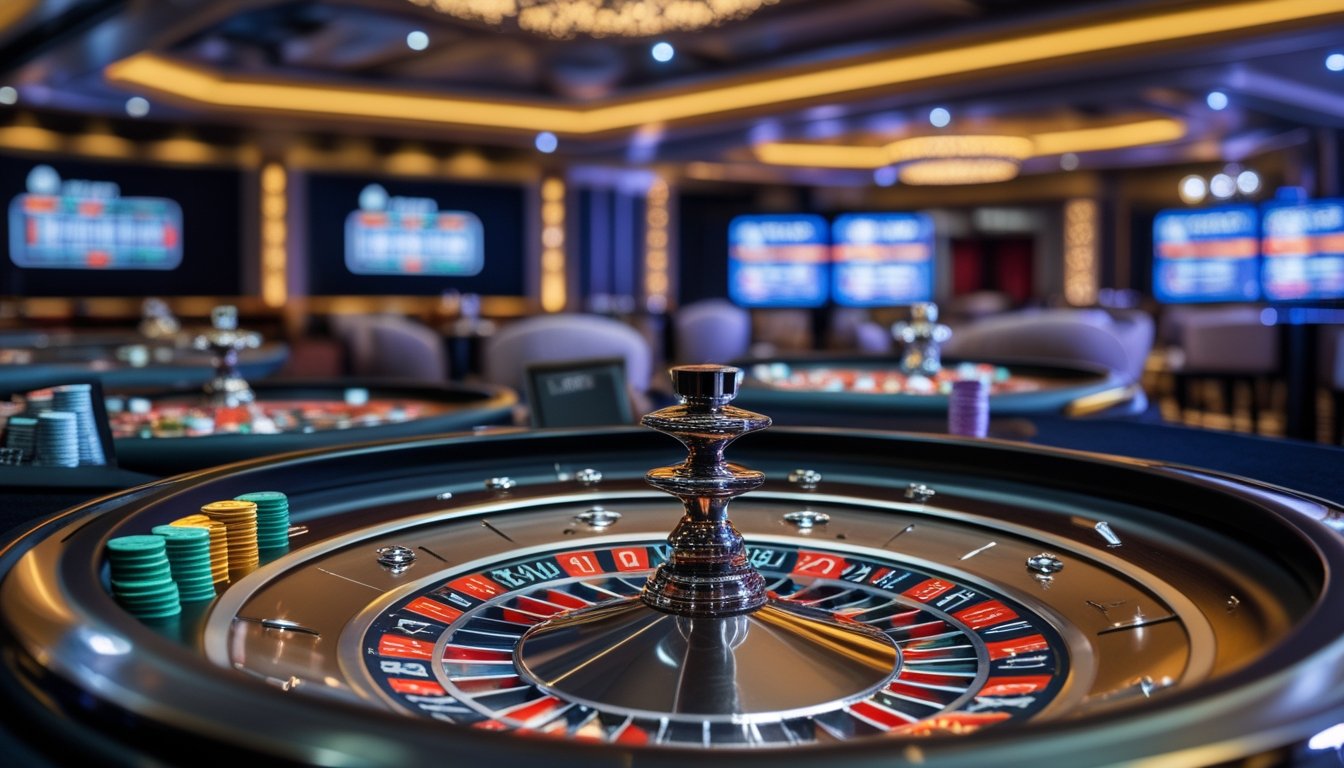 Meja roulette di kasino dengan roda roulette dan chip taruhan berwarna-warni dalam suasana kasino modern yang terang.