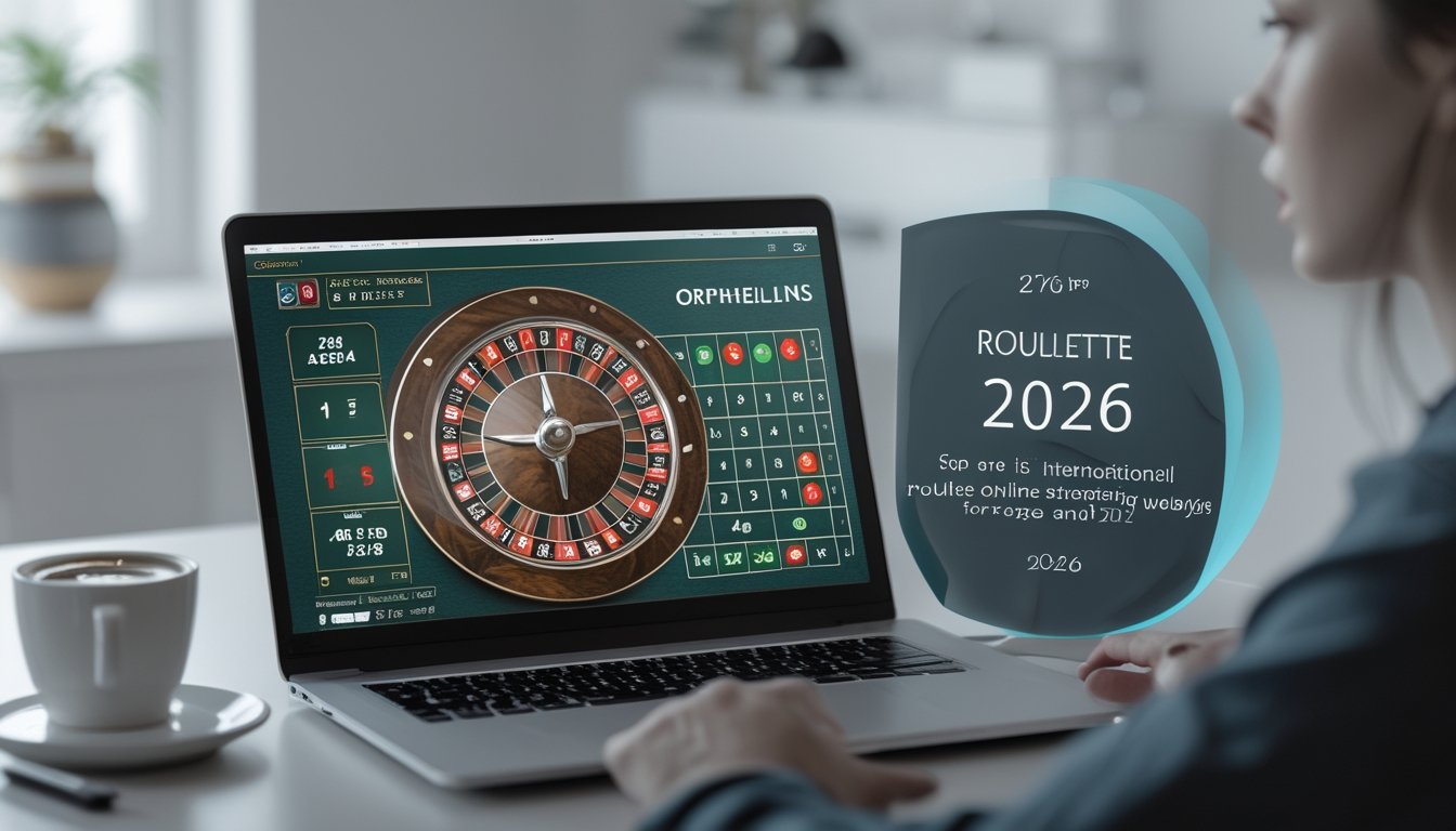Layar laptop menampilkan permainan roulette online dengan fokus pada bagian angka tengah Orphelins, di meja kerja modern dengan suasana terang.