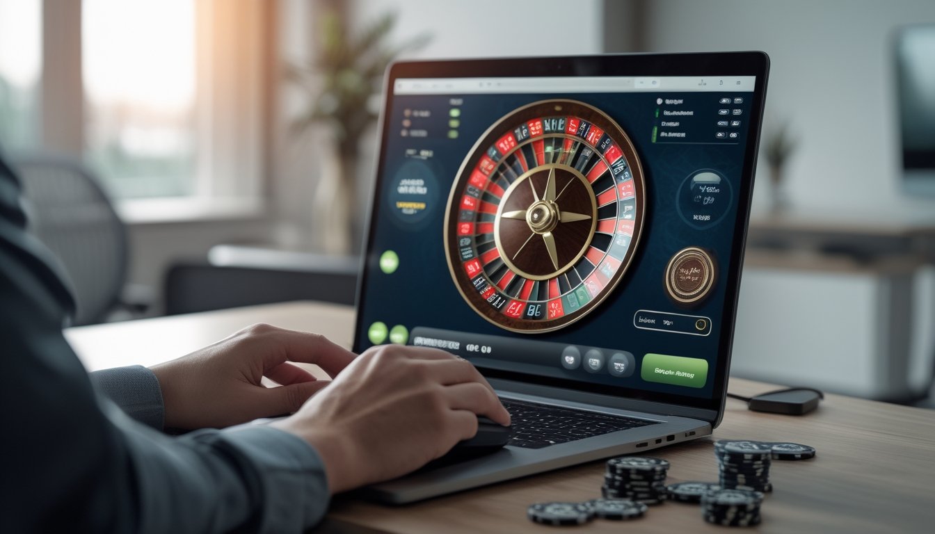 Seseorang menggunakan laptop untuk bermain roulette online dengan bagian angka tengah orphelins yang ditandai pada layar.