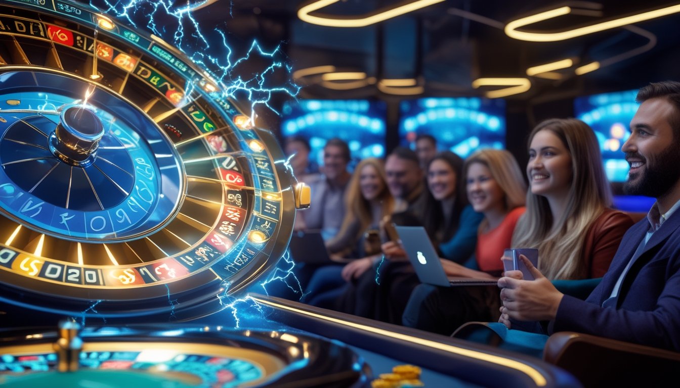 Sebuah meja roulette digital dengan efek petir dan grafik jackpot, dikelilingi oleh beberapa orang yang bermain menggunakan perangkat modern.