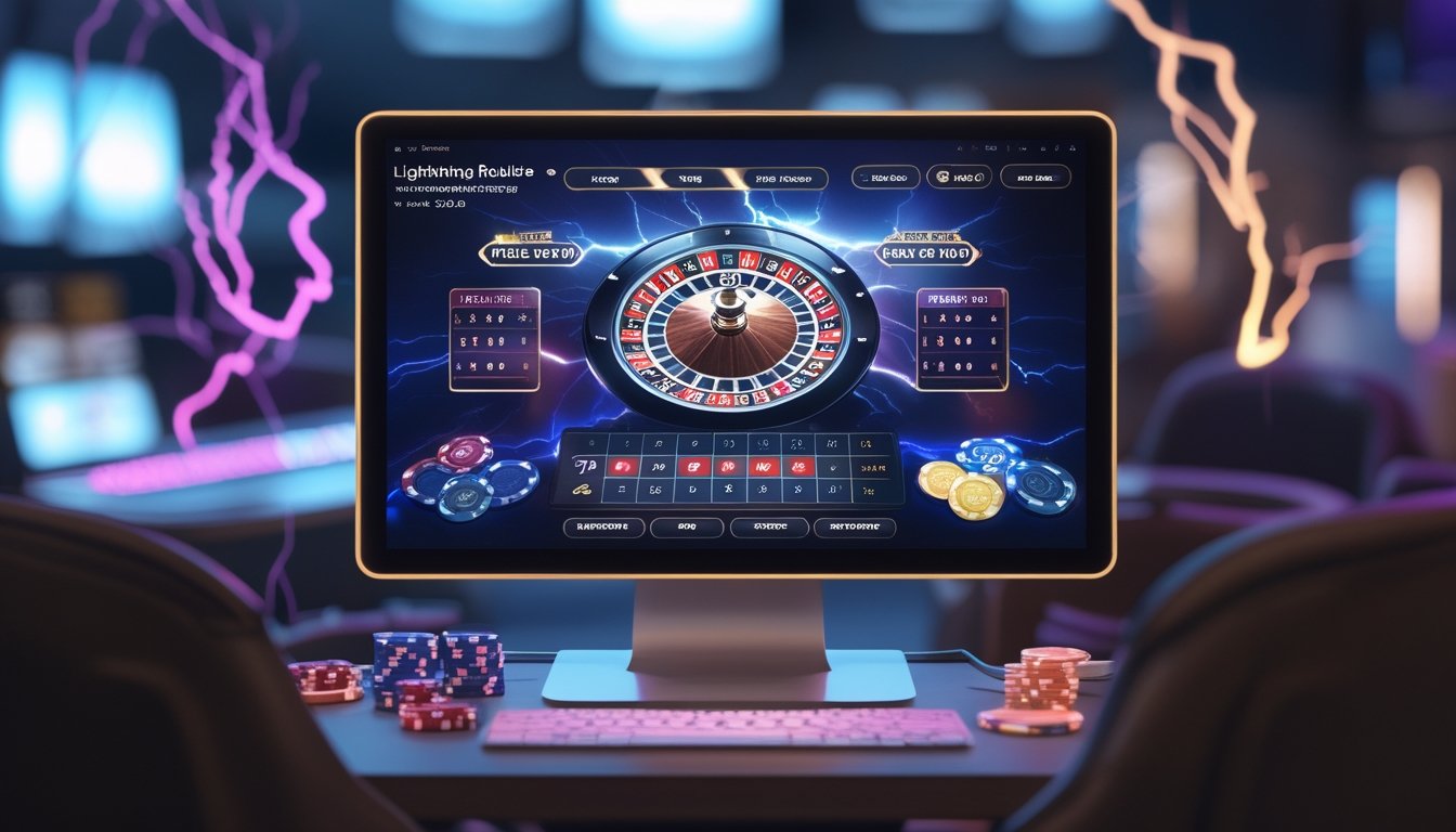 Tampilan layar komputer yang menampilkan permainan Lightning Roulette online dengan efek kilat dan grafik roda roulette yang berputar.