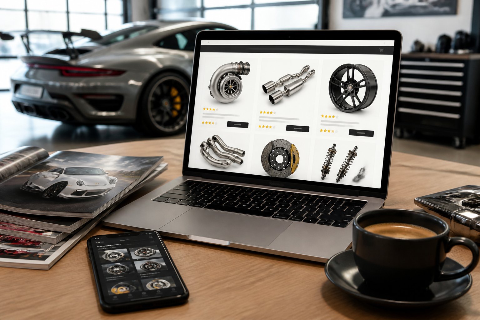 A laptop on a desk displaying an online marketplace for certified pre-owned high-end car performance parts, with automotive magazines and a smartphone nearby, and a luxury sports car blurred in the background.