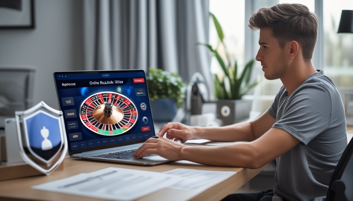 Seseorang duduk di meja kerja dengan laptop yang menampilkan permainan roulette online, di ruangan yang terang dan rapi.