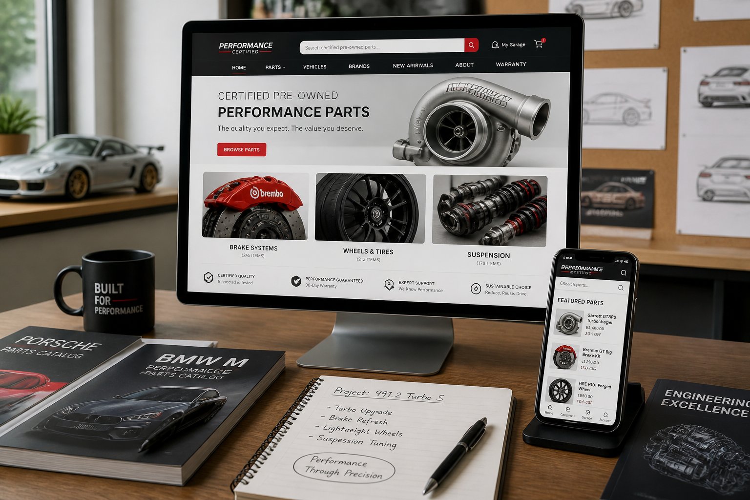 A modern workspace with a computer showing an online listing of high-end car performance parts, surrounded by automotive catalogs and a smartphone.