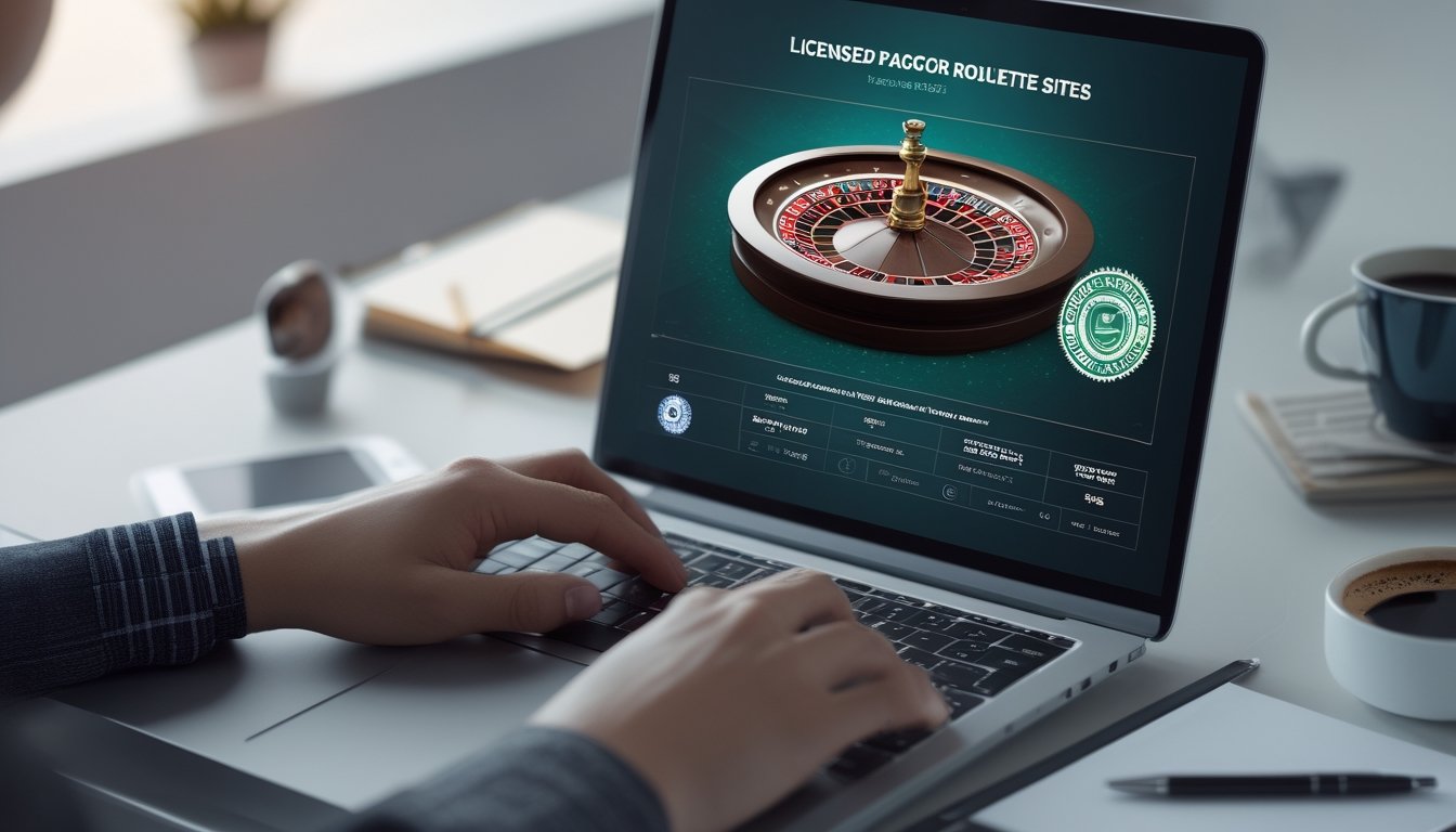 Seseorang menggunakan komputer dengan tampilan roda roulette online dan ikon keamanan di layar, di meja kerja yang rapi dengan ponsel dan catatan.