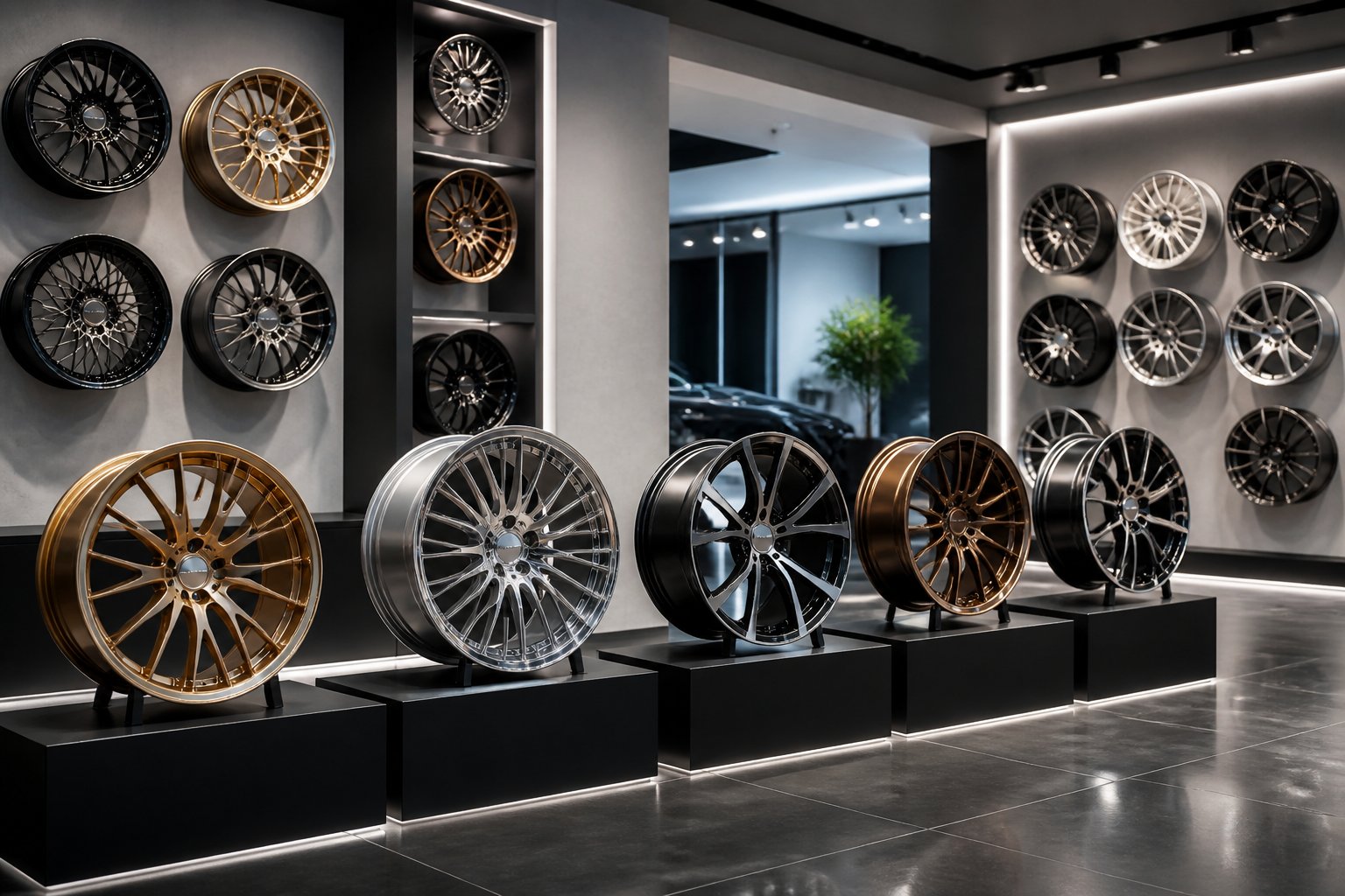 A showroom displaying a collection of rare and limited-edition car wheels and rims on stands and wall mounts.
